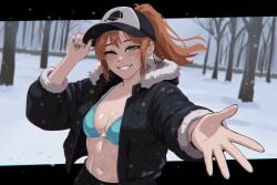 2d 2d_(artwork) amber_(gabesap) bare_shoulders bikini_top black_pants black_jacket blue_eyes breasts cap character_profile chilean chilean_female female freckles gabesap hat midriff navel orange_hair ponytail shiny_skin small_breasts smile tagme teeth earings reaching_towards_viewer looking_at_viewer snow winter trees