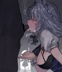 1boy 2girls bar_censor black_bra bow bra braid breasts breasts_out censored closed_eyes cum cum_in_mouth cumdrip cupping_hand fellatio from_side green_bow hairbow highres leaning_forward mochacot multiple_girls nipples oral penis remilia_scarlet sakuya_izayoi silhouette silver_hair sketch solo_focus straight touhou twin_braids underwear upper_body walk-in