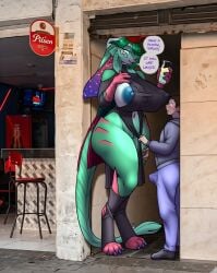 a_chance_encounter alcohol alien alleyway_milf_(meme) anon beverage big_breasts blue_areola blue_nipples blush breasts clothing cocktail colombia colored_areola colored_nipples erection felid feline female furball hi_res huge_breasts kordesse male mammal meme nipple_slp nokuri plant pussy_peek size_difference sweater topwear turtleneck