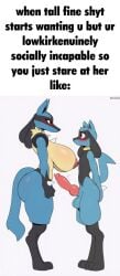1boy 1boy1girl 1girls lucario riolu game_freak pokemon pokemon_(species) height_difference breasts big_breasts knot knotted_penis big_ass meme caption text ai_generated red_eyes blue_fur