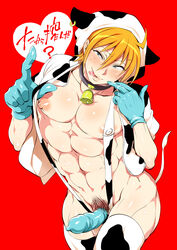 1boy animal_costume bell bell_collar blue_gloves collar condom cow_costume domon_seijirou erect_nipples freckles fukai_ni_nemuru_oujo_no_abaddon gloves highres lips male male_only muscle nipples orange_hair pubic_hair red_background simple_background smile solo sweat thighhighs tokimachi_eisei