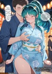 1girl 2boys ai_assisted ai_generated anime anime_girl anime_style artist_name blue_kimono blush breast_grab breasts cheating cheating_female cheating_girlfriend english_text faceless faceless_male floral_print grabbing grabbing_from_behind green_hair hetero hi_res highres horns japanese_clothes kimono lantern large_breasts long_hair lum lum_invader multiple_boys netorare ntr obi oni oni_horns outdoors patreon patreon_username pointy_ears ponytail rinkoai sash speech_bubble sweat thighs uncensored urusei_yatsura watermark yellow_eyes yukata