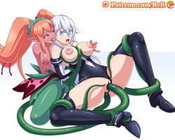 2girls alraune_(neptunia) anal black_heart blue_eyes breasts clothed_sex clothing compile_heart double_penetration female from_behind green_tentacles idea_factory leotard leotard_aside long_hair monster_girl multiple_girls neptunia_(series) noire open_mouth orange_hair penetration pussy red_eyes red_skin reit restrained sex spread_legs tentacle tongue tongue_out vaginal_penetration venus_weed white_background white_hair wide_eyed wide_hips yuri