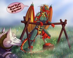 anthro armor canine darkarlett dragon female fog grass male mammal morning original_characters scales shadarrius text wolf