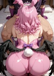 1boy 1girl ai_generated animal_ears ass ass_focus back bare_shoulders bed bow clevatess clevatess:_majuu_no_ou_to_akago_to_shikabane_no_yuusha elbow_gloves facing_away fake_animal_ears from_behind gloves hetero implied_fellatio indoors leotard low_wings medium_hair on_bed pillow pink_hair playboy_bunny pointy_ears purple_gloves rabbit_ears rabbit_tail sitting solo_focus strapless strapless_leotard t'ala_mort_anzetta tail wings
