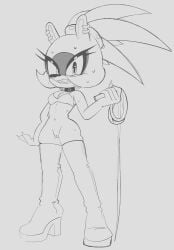 1girls afrosoricid bdsm bdsm_gear bottomless dominatrix dominatrix_outfit ear_piercing earrings evil_grin greyscale grin heeled_boots holding_object holding_whip idw_publishing jisoogunn monochrome navel sharp_claws sharp_fingernails sharp_teeth skindentation small_breasts solo sonic_(series) sonic_the_hedgehog_(comics) sonic_the_hedgehog_(idw) sonic_the_hedgehog_(series) spiked_collar surge_the_tenrec tomboy whip wide_hips