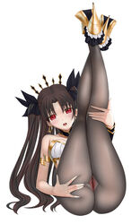 arisku armlet ass bangs bare_shoulders black_legwear black_ribbon blush breasts brown_hair chestnut_mouth collar crotch_seam earrings eyebrows_visible_through_hair fate/grand_order fate_(series) female frills full_body hair_ribbon high_heels highres hoop_earrings ishtar_(fate) jewelry legs_together legs_up long_hair looking_at_viewer lying medium_breasts no_panties on_back pantyhose parted_bangs pussy red_eyes ribbon round_teeth shiny shiny_clothes spread_pussy spread_pussy_under_clothes tareme teeth two_side_up yellow_footwear