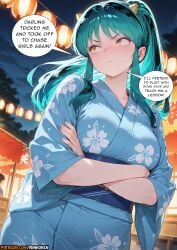 1girl anime_girl ai_assisted ai_generated anime anime_style artist_name hi_res highres patreon patreon_username uncensored watermark rinkoai lum urusei_yatsura lum_invader long_hair breasts blush bangs large_breasts closed_mouth yellow_eyes sweat outdoors japanese_clothes green_hair horns sky solo_focus wide_sleeves kimono speech_bubble english_text looking_to_the_side sash night obi floral_print crossed_arms star_(sky) night_sky oni_horns yukata oni lantern :t pout blue_kimono print_kimono tsundere festival cheating cheating_girlfriend cheating_female netorare ntr