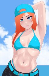 2d 2d_(artwork) amber_(gabesap) bare_shoulders bikini_top black_pants belt blue_eyes breasts cap chilean chilean_female female freckles gabesap hat midriff navel orange_hair shiny_skin small_breasts smile tagme earrings piercings navel_piercing thong armpits backwards_baseball_cap backwards_hat posing looking_at_viewer
