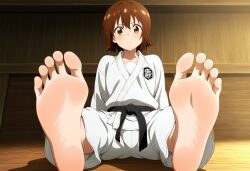 1girl absurd_res absurdres ai_generated barefoot black_belt brown_eyes brown_hair dojo feet feet_focus foot_fetish foot_focus karate_gi looking_at_viewer martial_artist martial_arts_uniform original_character simple_background sitting sitting_on_floor stable_diffusion