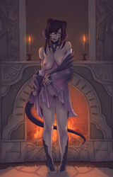 au_ra barefoot black_hair bottomless breasts burning_candles candles double_bun dragon_girl dragon_horns dragon_tail female final_fantasy final_fantasy_xiv fire fireplace glasses green_eyes horns indoors japanese_clothes kimono lips looking_at_viewer medium_breasts medium_hair nipples no_bra off_shoulder open_clothes pubic_hair red_hair scales solo soranamae standing tail undressing xaela