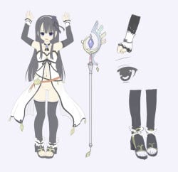 1girl ankle_garter arms_up ascot babydoll belt black_ascot black_flower black_hair black_rose black_sandals black_sleeves black_thighhighs blue_background blue_eyes blue_gem blunt_bangs breasts brooch brown_belt choker choppy_bangs cleft_of_venus concept_art detached_sleeves flat_color flower frilled_choker frills full_body gem gold_trim hair_between_eyes hair_flower hair_ornament hair_ribbon hairband high_heel_sandals high_heels jewelry lace-trimmed_sleeves lace-trimmed_thighhighs lace_trim long_hair looking_at_viewer mage_staff magical_girl multiple_views nanamiya_runa nanamiya_runa_(magical_girl) navel no_panties official_art open_mouth pigeon-toed pussy reference_sheet ribbon rose roshutsu-kei_mahou_shoujo sandals serious shitou_(4h) sidelocks simple_background small_breasts solo staff standing straight_hair strapless thighhighs v-shaped_eyebrows white_babydoll white_wrist_cuffs wrist_cuffs