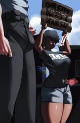 1boy 1girl 1girl1boy 1girls acab african_female artist_logo bleached blue_sky booty_shorts bulge bulge_awe bulge_through_clothing bulge_under_clothes clouds cock_hungry cock_shock cop curly_hair dark-skinned_female dark_skin female fertile huge_bulge light-skinned_male light_skin looking_at_another looking_at_bulge ovulation ovum ovum_with_heart penis_awe police police_officer police_uniform protest_sign quiver sangsangatsange secretly_loves_it shirt sole_female sole_male spoken_exclamation_mark t-shirt tagme thick_lips tremble_lines tremble_spikes trembling trembling_for_pleasure twitter_link