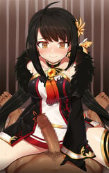 1boy ara_haan black_gloves black_hair blush censored choker clothed_female_nude_male cowgirl_position dark-skinned_male elsword feather_boa female fluids gloves male_pubic_hair mosaic_censoring nt00 nude penis pubic_hair short_hair single_thighhigh smile solo_focus spread_legs straddling straight striped tassel thighhighs vertical-striped_background vertical_stripes yama_raja_(elsword) yellow_eyes