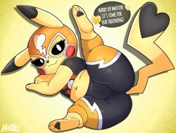1girls belly big_belly blush chubby cleft_tail clothed clothing cosplay_pikachu feet female feral flat_chest fur hextali leggings long_ears mask nintendo pikachu pikachu_libre pokemon pokemon_(species) rodent shortstack smile solo spread_legs spreading tail tank_top thick_thighs twitter_link video_games wide_hips yellow_fur