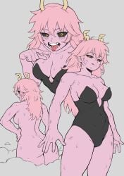 ashido_mina ashido_mina_time-skip_(meme) ass back bare_back bare_legs black_leotard black_sclera blush boku_no_hero_academia bones_(company) breasts colored_sclera colored_skin completely_nude embarrassed flirting gooeygroin horns huge_ass legs leotard long_hair mina_ashido mina_ashido_time-skip moggle_bear my_hero_academia nude pink_hair pink_skin post-timeskip shounen_jump sideboob slimy tongue tongue_out wet yellow_eyes