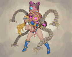 marbus1000 breath_of_the_wild the_legend_of_zelda zelda_(breath_of_the_wild) princess_zelda enslaved_royal princess guardian_(zelda) blonde_hair blonde_female ball_gag gag blindfold slave slave_girl defeated_heroine defeated enemy_conversion hylian_ears hylian elf_ears pierced_nipples nipple_piercing breasts_out exposed_breasts drooling luscious_lips biomechanical bound_wrists bound_arms bound thighs carrying carrying_another mechanical_arm cyborg cyborg_girl boots