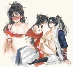 1boy 1girl ^^^ abs arm_support bare_shoulders black_boots blue_eyes blue_robe blush boots breasts cervix cheng_heguang cleavage closed_eyes clothed_sex clothes_pull cum deep_penetration ejaculation eye_contact face-to-face feet_out_of_frame from_side hair_branch hair_bun hand_on_another's_chest hetero highres internal_cumshot long_hair looking_at_another medium_breasts mole mole_above_eye multiple_views off_shoulder open_clothes open_mouth open_robe pants pants_pull paper_heron penis ponytail profile red_shirt reverse:1999 robe sex shirt single_bare_shoulder sitting straddling sweat tears toned toned_male uncensored upper_body upright_straddle uterus vaginal white_background white_pants x-ray yuha6666