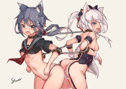 2girls anal anal_object_insertion animal_ears arched_back ass ass-to-ass azur_lane back_to_back beige_background black_eyes blue_eyes blue_hair bondage bound bound_together bow breasts collar contrapposto corset cowboy_shot crop_top cum dildo drooling femsub garter_straps hair_ribbon hairbow hammann_(azur_lane) ikazuchi_(zhan_jian_shao_nyu) leaning_forward linked_collar long_hair looking_at_viewer multiple_girls multiple_subs navel nipples object_insertion open_mouth profile pussy_juice restrained ribbon sailor_collar sailor_shirt shirt short_sleeves simple_background small_breasts spreader_bar stmaster tagme tears thighhighs thighs tsurime twintails vaginal_object_insertion vaginal_penetration white_hair white_legwear wrist_cuffs zhan_jian_shao_nyu