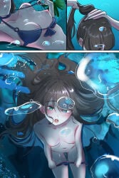 1girls air_bubbles blush blushing comic dark_hair green_eyes looking_at_viewer marima666_(artist) nipples nude pussy_juice small_breasts underwater undressing water
