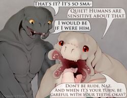 alien ambiguous_gender dialogue english_text erection fan_character female_(lore) flat_chested foreskin genitals grey_background grey_body grey_skin halo_(series) hi_res human imminent_oral jayli_'heyam_(thedragonjade) looking_at_genitalia looking_at_penis looking_at_viewer male male/ambiguous mammal mandibles microsoft naz_'shenen_(thedragonjade) penis red_eyes sangheili scalie shaved_balls signature simple_background slit_nostrils speech_bubble tan_body tan_skin teeth text thedragonjade throat_opening tongue tongue_out xbox_game_studios yellow_eyes