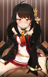 1boy ara_haan black_gloves black_hair blush choker clenched_teeth clothed_female_nude_male clothed_sex clothing cowgirl_position dark-skinned_male elsword feather_boa female fluids gloves implied_penetration implied_sex male male_pubic_hair nt00 nude penetration penis pubic_hair sex short_hair single_thighhigh smile solo_focus spread_legs straddling straight striped tassel teeth thighhighs vaginal_penetration vertical-striped_background vertical_stripes yama_raja_(elsword) yellow_eyes