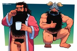 1boy bara baramantik bathrobe beard belly biceps bluesky_username cup dungeon_meshi english_commentary erection facial_hair fake_horns flaccid foreskin helmet highres holding holding_cup horned_helmet horns long_beard looking_at_viewer looking_to_the_side male_focus muscular muscular_male mustache one_eye_closed penis plump pubic_hair rubbing_eyes senshi_(dungeon_meshi) testicles thumbs_up twitter_username