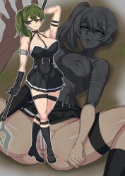 1boy 1girl alternate_breast_size_(larger) anus armpits bar_censor black_boots black_dress boots breasts censored cleavage closed_mouth commentary_request commission dark-skinned_male dark_skin dress full_body green_hair imminent_penetration imminent_rape imminent_vaginal kankaku_shadan large_breasts long_hair lying magic on_back petrification purple_eyes pussy shiva_(tairakuten) side_ponytail skeb_commission smile solo_focus sousou_no_frieren spread_legs thigh_strap ubel_(sousou_no_frieren) variant_set variant_set_available