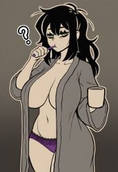 1girls ? ai-generated ai_generated brushing_teeth cleavage coffee holding_cup looking_at_viewer milf navel open_robe panties renee_graves robe solo the_coffin_of_andy_and_leyley toothbrush underwear