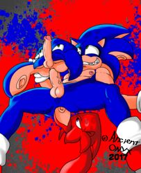 anal ancient-onyx balls blue_fur erect fangs gay green_eyes hedgehog hybrid inkling inkling_squid looking_pleasured male male_only nipples penis purple_eyes smile sonic_(series) sonic_the_hedgehog splatoon spread_legs squid tentacle_sex threesome veiny_penis what yaoi