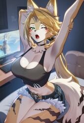 pulchra_fellini pulchra_(zenless_zone_zero) zenless_zone_zero hoyoverse mihoyo ai_generated lunealter 1girls female female_only female_focus mature_female furry furry_only furry_female long_hair blonde_hair blonde_female green_eyes one_eye_closed mouth_open stretching tired partially_clothed black_topwear blue_shorts sitting_on_bed bed bedroom computer night big_breasts big_ass big_butt big_thighs belly_button midriff exposed_breasts exposed_midriff exposed_legs one_arm_up blushing sfw 2026 uncensored cat_ears cat_tail catgirl cat_girl looking_at_viewer