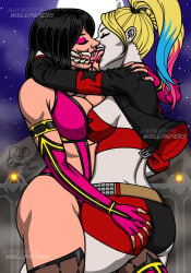 2girls ass_grab crossover dc dc_comics french_kiss harley_quinn kaywest kissing lesbian_kiss mileena mortal_kombat netherrealm_studios tongue_kiss yuri