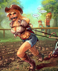 1boy 2girls abs applejack_(mlp) armbinder arms_behind_back bdsm big_macintosh_(mlp) bit_gag blonde_hair bondage bound_arms bound_breasts breasts cleavage clevage clothed cowboy_hat cowgirl english_text female female_with_female femsub forced_labor freckles freckles_on_breasts friendship_is_magic gag gagged green_eyes hair_on_head harness human human_pet human_pony humanized humanoid leather_boots lost_bet male male_with_female medium_breasts muscular_female muscular_male muscular_sub my_little_pony nonude outdoors pet pet_girl pet_play petgirl petplay plough plow plow_pulling pony_girl pony_play ponygirl ponyplay rainbow_dash_(mlp) rainbow_hair red_armbinder saneperson short_jeans short_shorts slave_labor speech_bubble