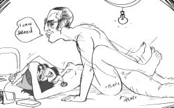 ambiguous_penetration anonymous_artist blushing chudjak cobra_(drawfag) dialogue glasses hairy_male highres looking_pleasured male/female missionary_position monochrome onomatopoeia pointy_ears short_hair simple_background small_breasts smiling smiling_at_partner soyjak.party soytan stubble