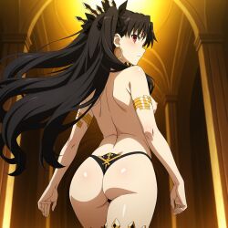 ishtar_(fate) 1girl armlet ass back bikini_bottom_only black_hair black_panties black_ribbon blush breasts closed_mouth cowboy_shot earrings female floating_hair from_behind frown hair_ribbon hoop_earrings indoors jewelry long_hair looking_at_viewer looking_back medium_breasts nipples panties red_eyes ribbon shiny_skin shoulder_blades single_thighhigh solo standing thighhighs thighlet topless two_side_up underwear very_long_hair ai_generated fate_(series)
