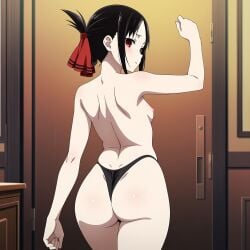 shinomiya_kaguya 1girl arm_up ass back black_hair black_panties blush breasts clenched_hand cowboy_shot dimples_of_venus door female folded_ponytail from_behind hair_ribbon highleg indoors looking_at_viewer looking_back nipples panties parted_bangs red_eyes red_ribbon ribbon shiny_skin shoulder_blades sidelocks small_breasts solo standing string_panties thong topless underwear underwear_only ai_generated kaguya-sama_wa_kokurasetai_~tensai-tachi_no_renai_zunousen~