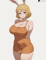 1girl 1girls ai_generated armpit_crease arms_behind_back bangs bare_shoulders blonde_hair breasts brown_eyes carrot_(one_piece) cleavage closed_mouth collarbone covered_navel curvy dress female female_only hi_res high_quality high_resolution highres large_breasts legs_together light light_blush lips looking_at_viewer nose one_piece opal_nemy orange_dress patreon_logo patreon_url patreon_username plain_background rabbit_ears self_upload shadow shiny shiny_clothes shiny_hair shiny_skin short_hair simple_background solo standing thick_thighs thighs watermark white_background
