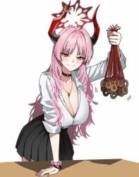 1girl big_breasts blue_archive blush choker coin_on_string demon_girl halo horns jasonkim mole_on_breast pandemonium_society_(blue_archive) satsuki_(blue_archive) school_uniform skirt solo solo_female