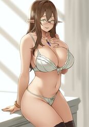 1girls bra bracelet breasts brown_hair brown_haired_glasses_elf_(houtengeki) cleavage elf female female_only glasses green_eyes houtengeki indoors jewelry large_breasts looking_at_viewer navel necklace original panties pointy_ears sitting smile solo thighhighs underwear