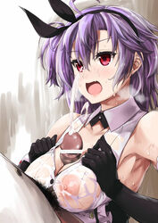 1boy admiral_(azur_lane) azur_lane bangs black_bow black_gloves blush bow breast_squeeze breasts breath collarbone cum cute_fang d_kurouri dark-skinned_male ejaculation elbow_gloves erection eyebrows_visible_through_hair female frills gloves hair_between_eyes hairband hairbow highres kent_(azur_lane) large_breasts male_pubic_hair military military_uniform nipples open_mouth paizuri penis pubic_hair purple_eyes purple_hair see-through shirt sidelocks skin_fang sleeveless smile solo_focus straight tsurime uniform upper_body vest wet wet_clothes wet_shirt