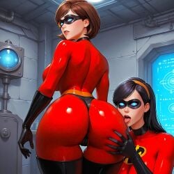 2girls ai_generated ass big_breasts female female_only helen_parr hypnotic_eyes hypnotized latex latex_bodysuit latex_gloves latex_thighhighs licking_ass multiple_girls the_incredibles thighs violet_parr