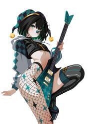 1girls amo_aster black_hair blush clothed clothing clown_girl clown_nose female female_only fishnets green_eyes green_hair green_nose guitar hat indie_virtual_youtuber instrument light-skinned_female light_skin pale-skinned_female pale_skin sansha_art simple_background solo two-tone_hair virtual_youtuber white_background