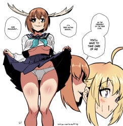 breasts deer_girl female imminent_sex implied_sex koshi_torako kukuruyo lifting_skirt mating_season panties shikanoko_noko shikanoko_nokonoko_koshitantan skirt_lift underboob whispering white_panties yuri whispering_into_ear blush sweat sweating school_uniform schoolgirl midriff upskirt inviting antlers cat_mouth purple_eyes brown_hair blonde_hair yellow_hair green_eyes ahoge bangs wet_pussy leaking_pussy