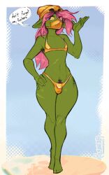 1boy 1femboy barefoot barely_clothed beanie beanie_hat big_thighs blue_eyes bulge bulge_through_clothing carpet_not_matching_drapes covered_face english english_text facemask femboy gold_bikini golden_bikini golden_swimsuit golden_week green_skin hand_on_hip legs_together long_ears long_hair male male_focus male_only mask masked masked_male orc orc_femboy orc_male original original_character pink_hair pubic_hair pubic_hair_peek remanedur slim_waist solo_male sparkles speech_bubble swimsuit_bulge text text_bubble thick_thighs tosal_(remanedur)