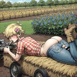 ai_generated ass basil_(omori) big_ass big_butt blonde_hair blowjob eyes_covered farmer femboy flower back_view hair_over_eyes imminent_sex male male_only mud omori oral sissy tagme thick_ass thick_thighs tongue yaoi sucking blush