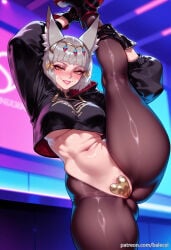 ai_generated balecxi nia nia_(xenoblade) xenoblade_(series) xenoblade_chronicles_2 nintendo 1girl solo animal_ears standing_split standing_on_one_leg smile short_hair looking_at_viewer grey_hair gloves navel animal_ear_fluff yellow_eyes maebari pantyhose patreon_username long_sleeves large_breasts cat_ears thighs