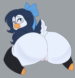 absurd_res anthro avian beak big_butt bird black_clothing black_legwear black_thigh_highs blue_bow blue_hair blush blush_lines butt clothing eyewear female genitals glasses grey_background hair hi_res innie_vulva kneeling legwear legwear_only long_hair looking_at_viewer looking_back looking_back_at_viewer mostly_nude nude paeonypetals penguin rear_view rectangular_glasses simple_background solo thick_thighs thigh_highs thigh_highs_only vulva wide_hips