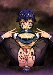 ahegao big_breasts blue_hair body_writing breasts_out buttplug condom corruption cum cum_in_hat cum_on_breasts cum_on_face erect_nipples eyes_rolling_back japanese_text open_anus oppaotintin peace_sign persona persona_4 shirogane_naoto sweat textless thick_thighs used_condom v_sign