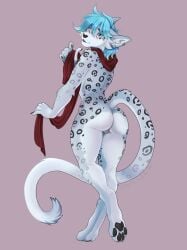 2026 anthro blue_eyes blue_hair butt claws digital_media_(artwork) ear_piercing ear_ring felid female finger_claws full-length_portrait fur genitals grey_body grey_fur hair hi_res inner_ear_fluff leopard_spots looking_at_viewer looking_back looking_back_at_viewer mammal nonbinary_(lore) nude nude_anthro nude_female pantherine pawpads paws piercing portrait rear_view red_scarf ring_piercing scarf signature simple_background snow_leopard solo spagootz spots tail tuft vulva white_body white_fur zibeline