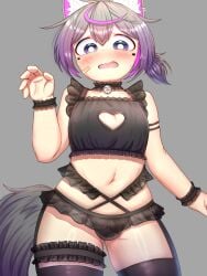 1boy bandage_on_cheek bell_collar belly blushing boob_window bulge bulge_under_clothes colored_background face_markings femboy femboy_focus femboy_only flat_background gray_hair lingerie outfit purple_eyes purple_inner_ear see-through_clothes see-through_clothing skirt tied_hair wolf wolf_boy worm's-eye_view